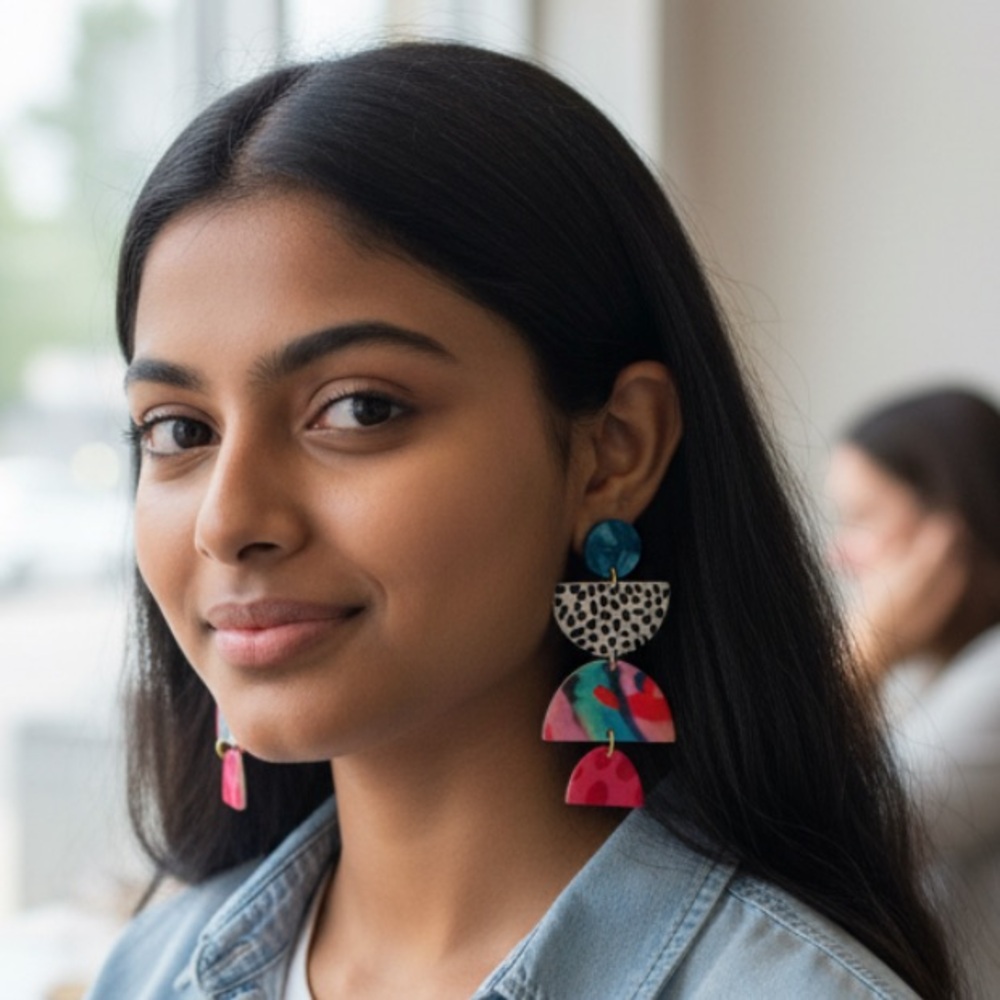 Plunder Colorful Statement Dangle Earrings | Bold Multi Color Geometric Earrings - Picture 2 of 7